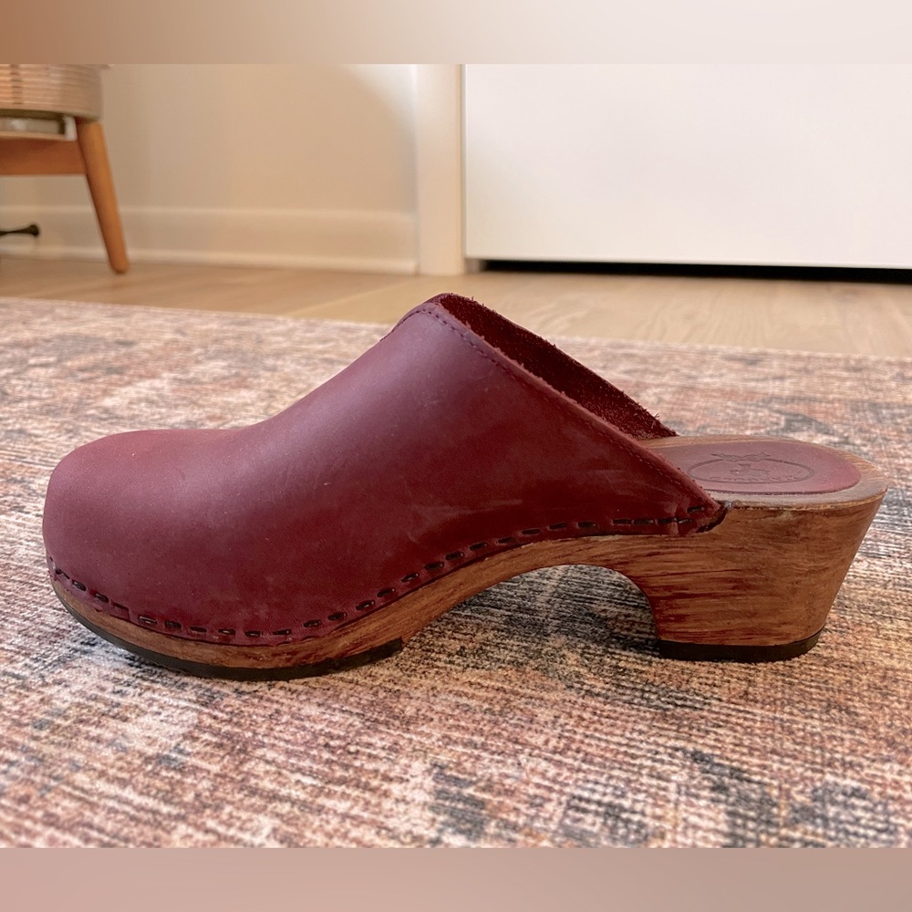 Italian leather clogs. Wood sole. Rich burgundy color.